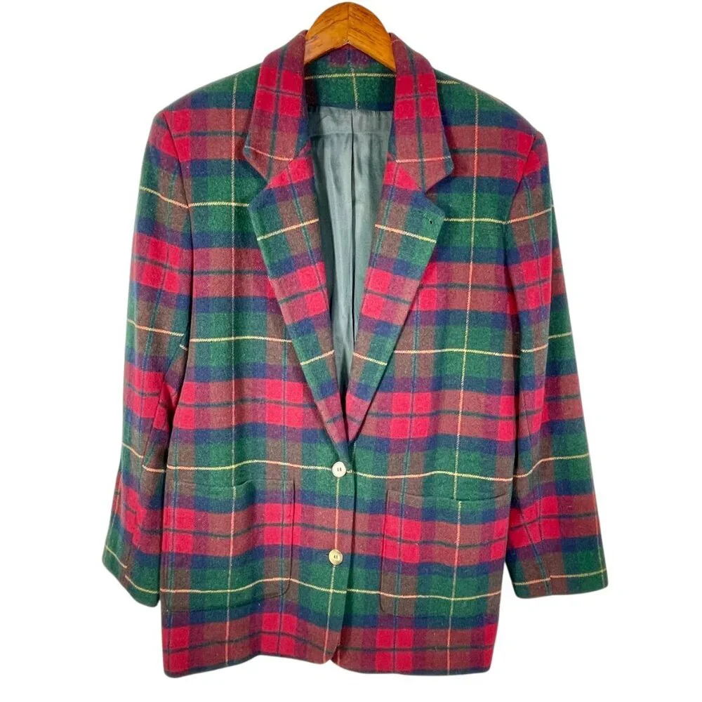 Talbots Plaid Wool Blazer Made USA Vintage Red Green Tartan Size M - Picture 2 of 10